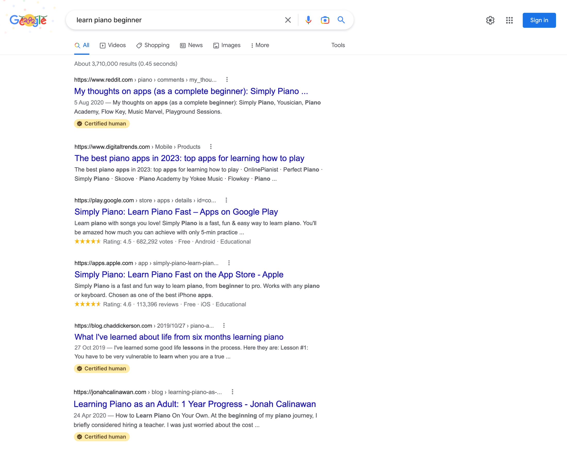 Google search results showing a 'certified human' badge on some items