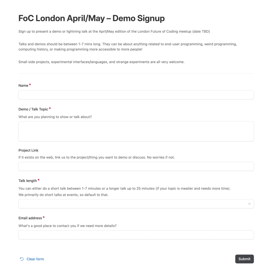 The signup form for demos at the Future of Coding meetup
