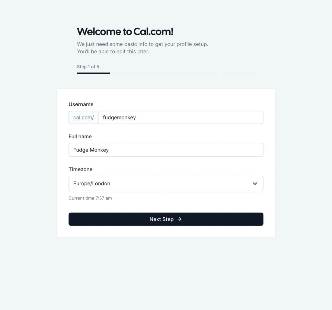 Sign up screen for Cal.com showing I'm on step 1 of 5