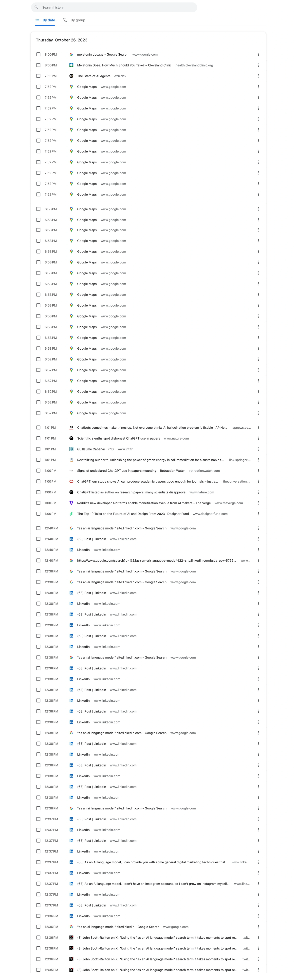 A very long browser history list in the Chrome browser