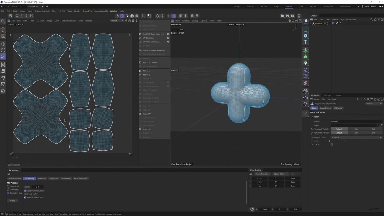 The interface for Cinema4D. A 3D triangle in the centre surrounded by a huge array of toolbars and panels