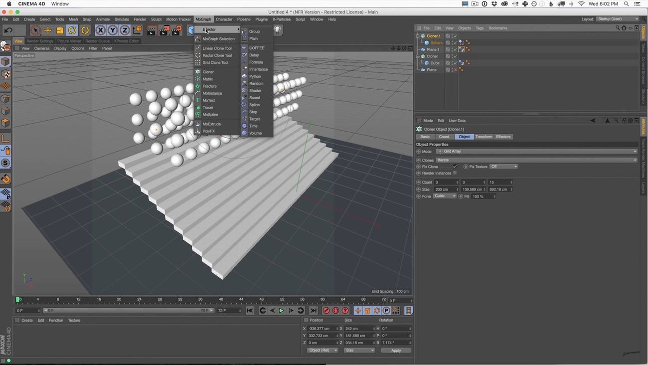 The interface for Cinema4D. A 3D triangle in the centre surrounded by a huge array of toolbars and panels