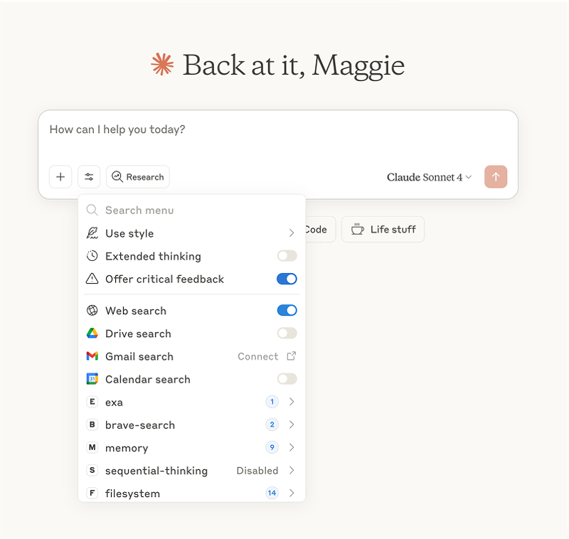 Claude's interface with a new 'Offer critical feedback' toggle available in the settings menu