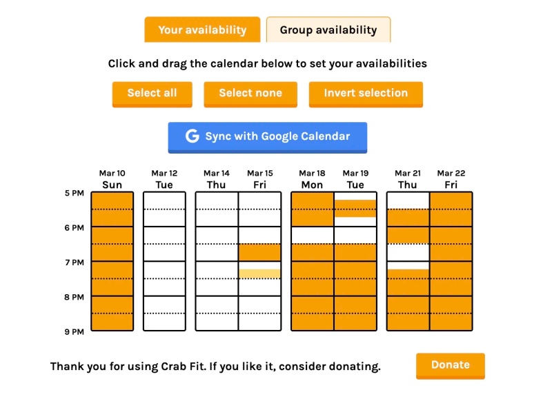Filling in which time slots you're for on Crab Fit