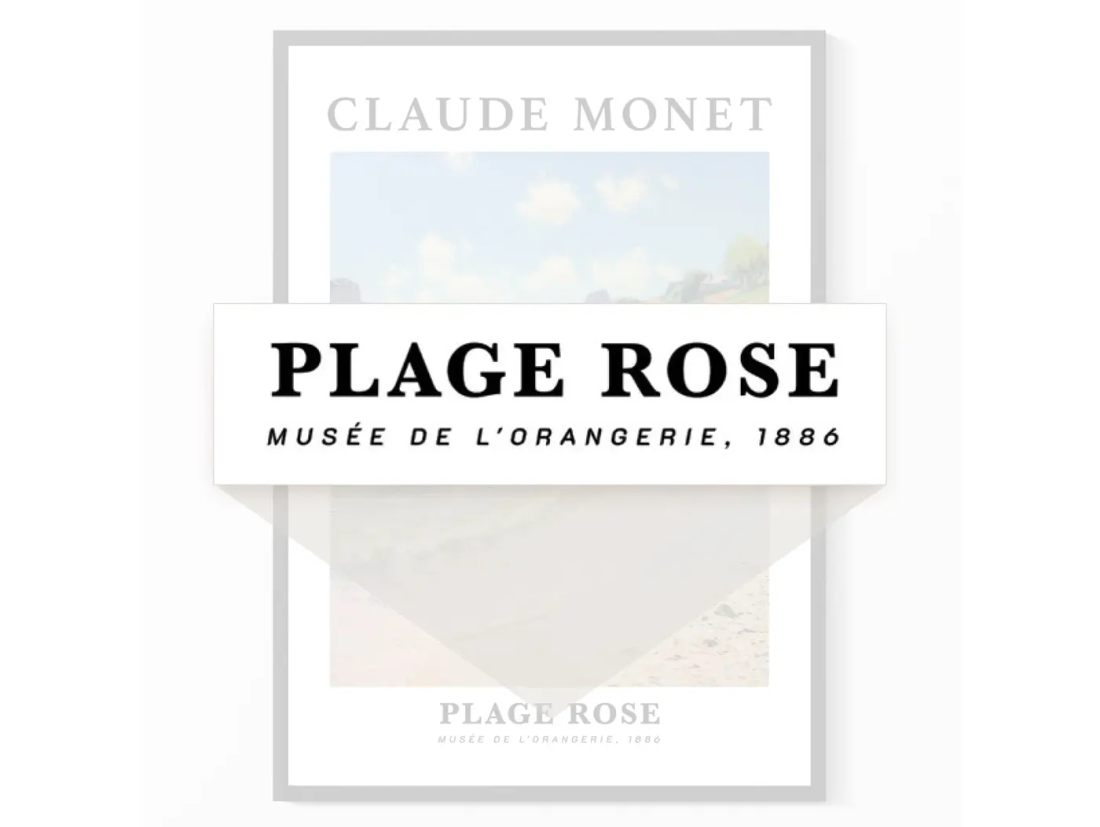 Zoomed in label on a painting: Plage Rose, Musee de L'orangerie, 1886