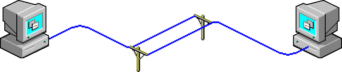 Two old desktop computers slowly sending signals to one another over a dial-up connection