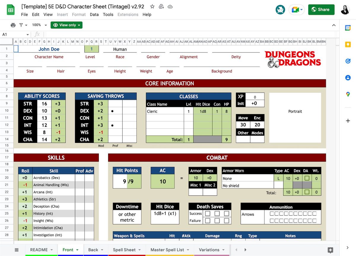 A D&D character sheet built in Google Sheets