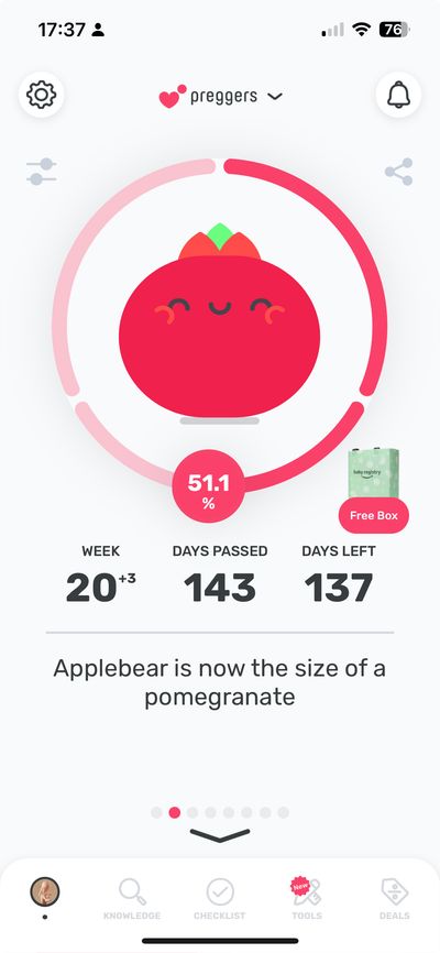 A pregnancy app with a fruit representing how large the baby is