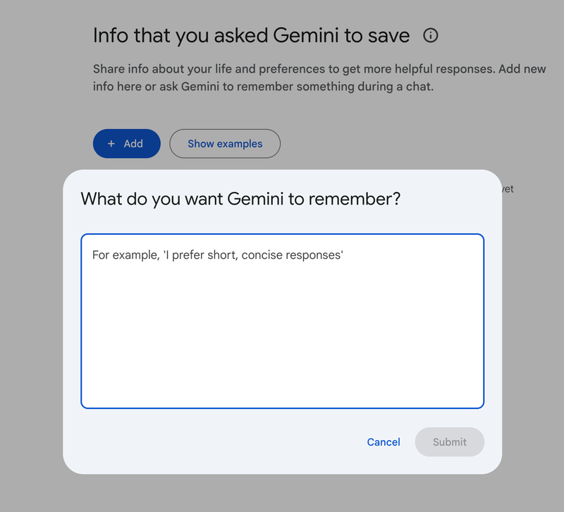 Gemini settings to have the model 'remember' your preferences