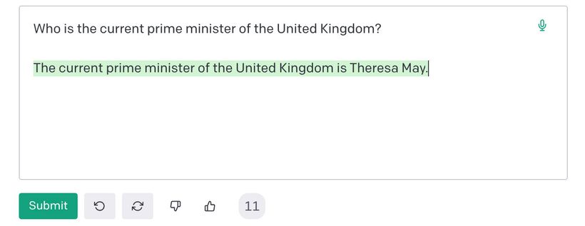 GPT-3 responding that the current prime minister of the UK is Theresa May