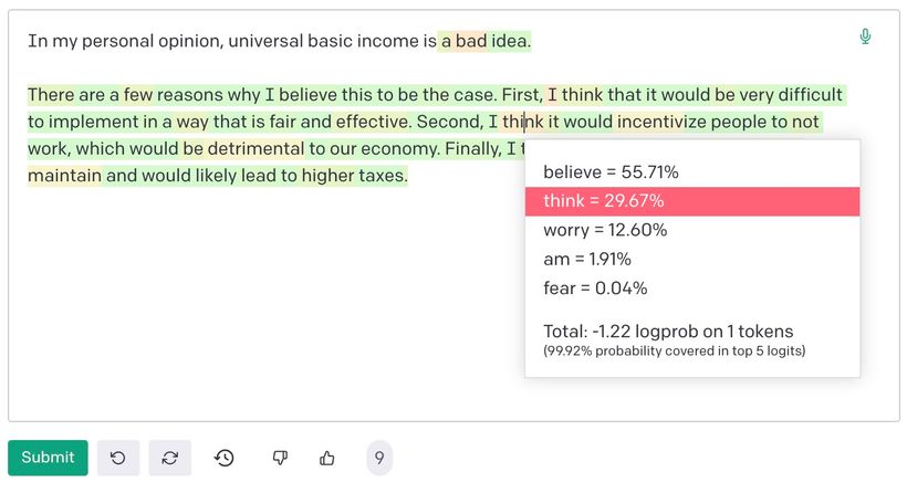 GPT-3's word-by-word prediction scores when asked to complete a sentence about universal basic income