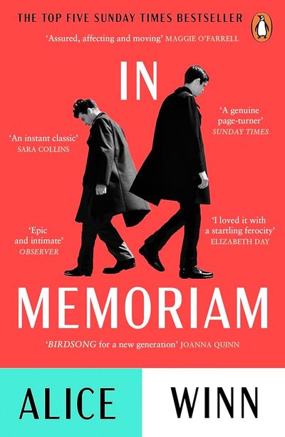 The cover of In Memoriam. Two boys dressed in black walk in opposite directions on a bright red background.
