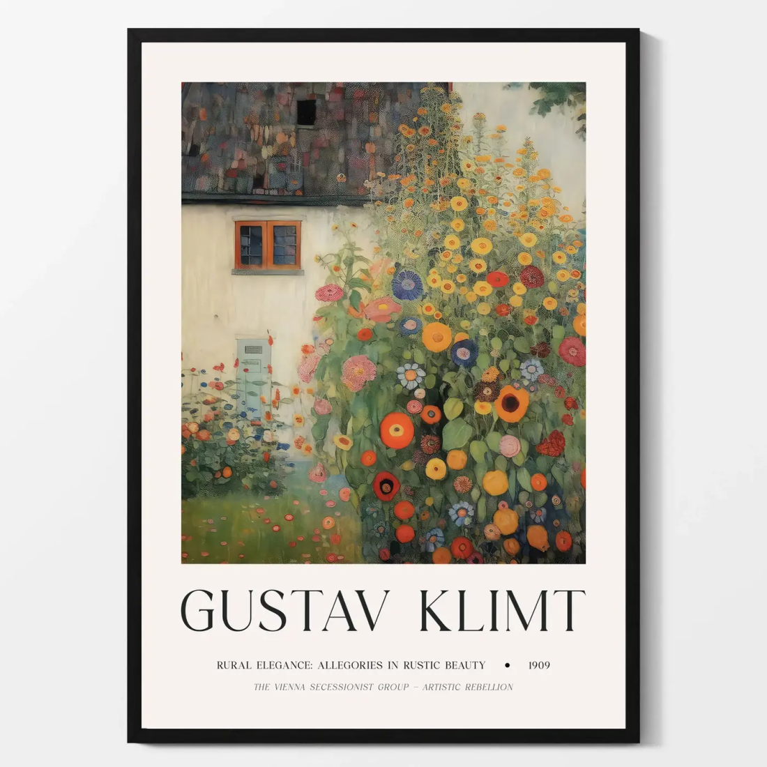 Painting of flowers in a garden with the name Gustav Klimt in large letters below it