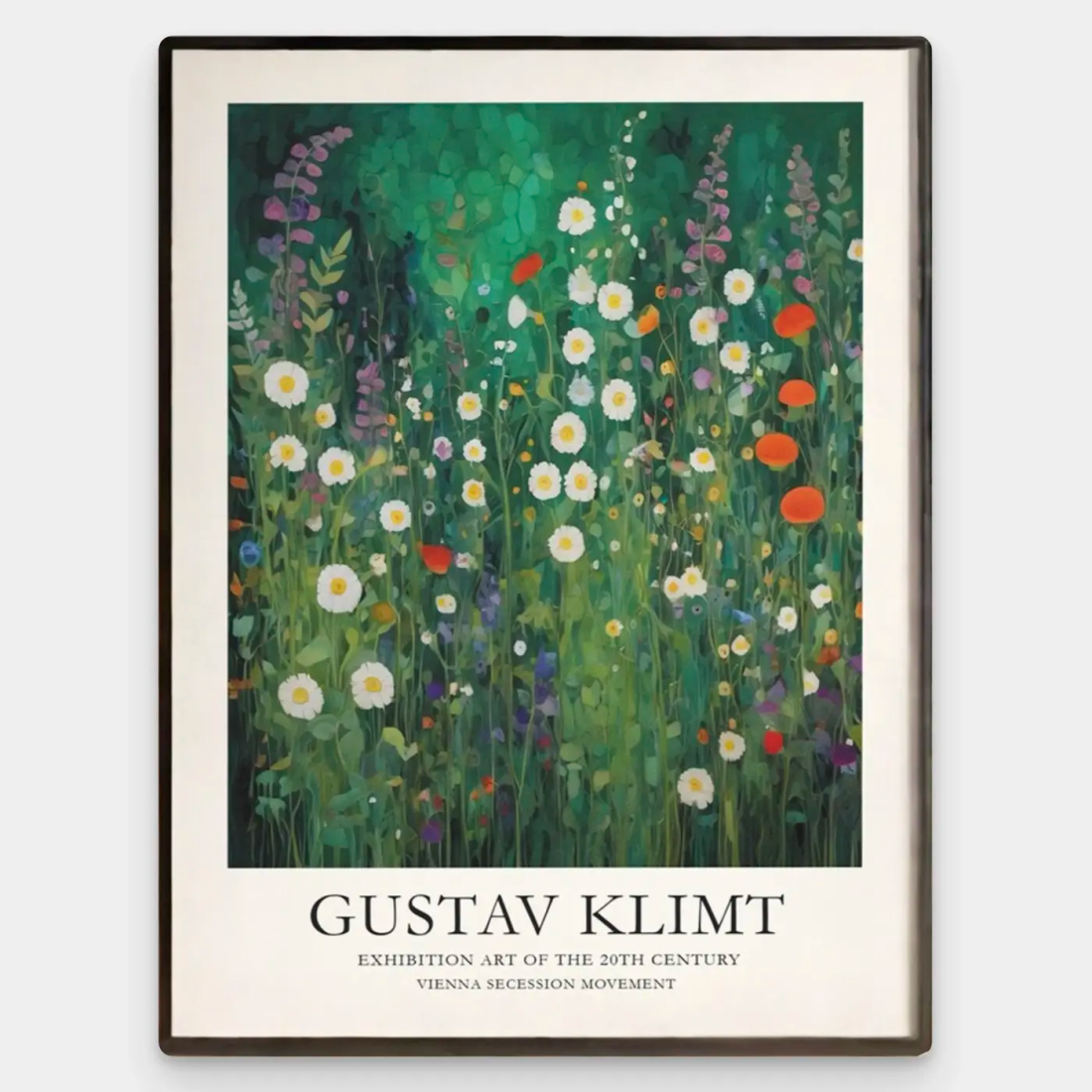 Painting of flowers in a garden with the name Gustav Klimt in large letters below it