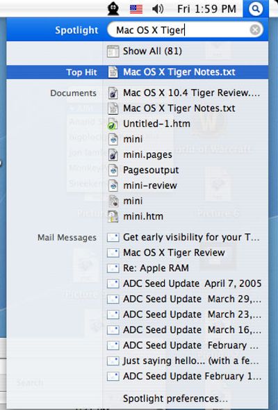 Spotlight in MacOS Tiger