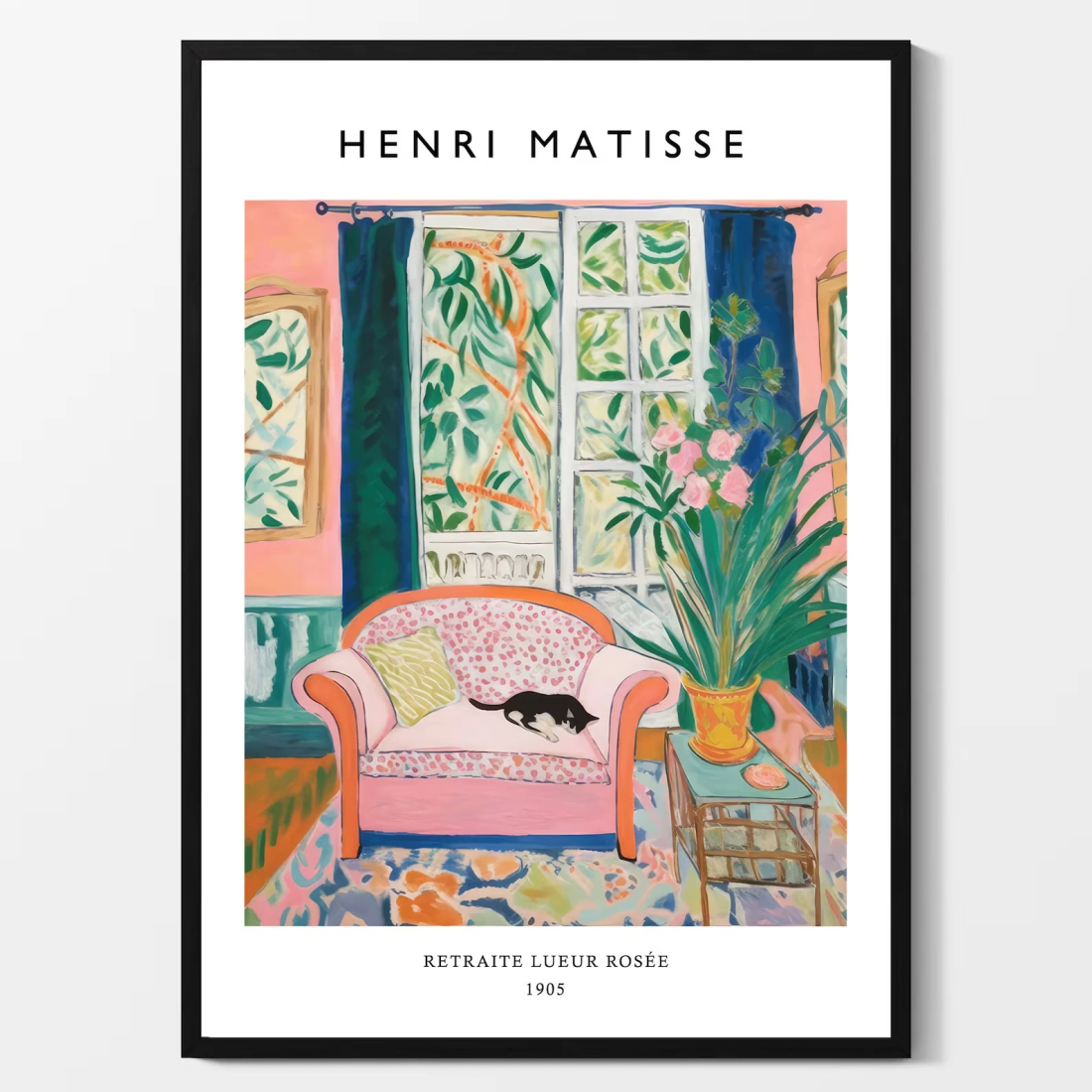 Painting of a bright pink living room with a cat on the sofa with the name Henri Matisse in large letters above it