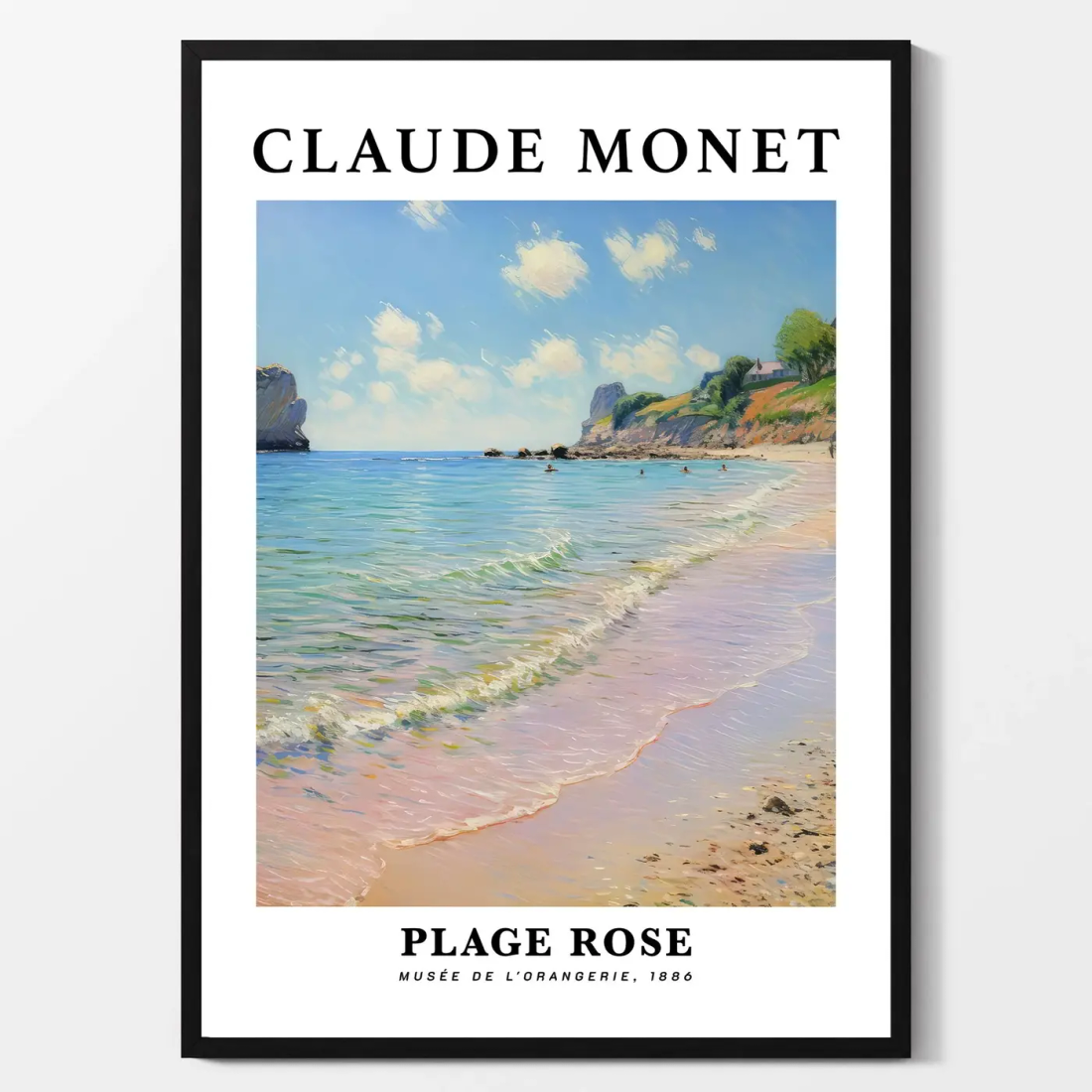 Painting of an ocean scene with the name Claude Monet in large letters above it