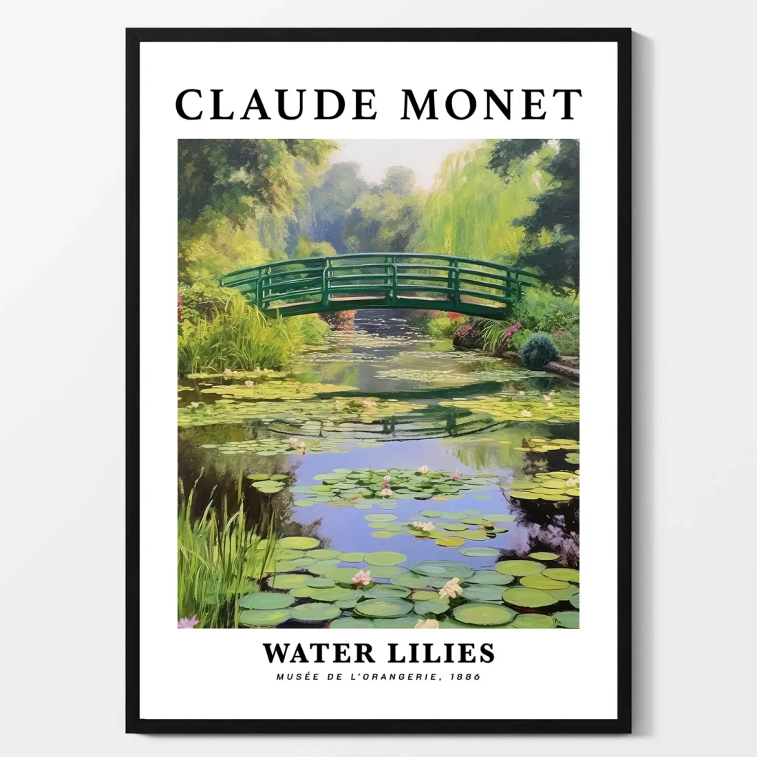 Painting of water lillies under a bridge with the name Claude Money in large letters above it