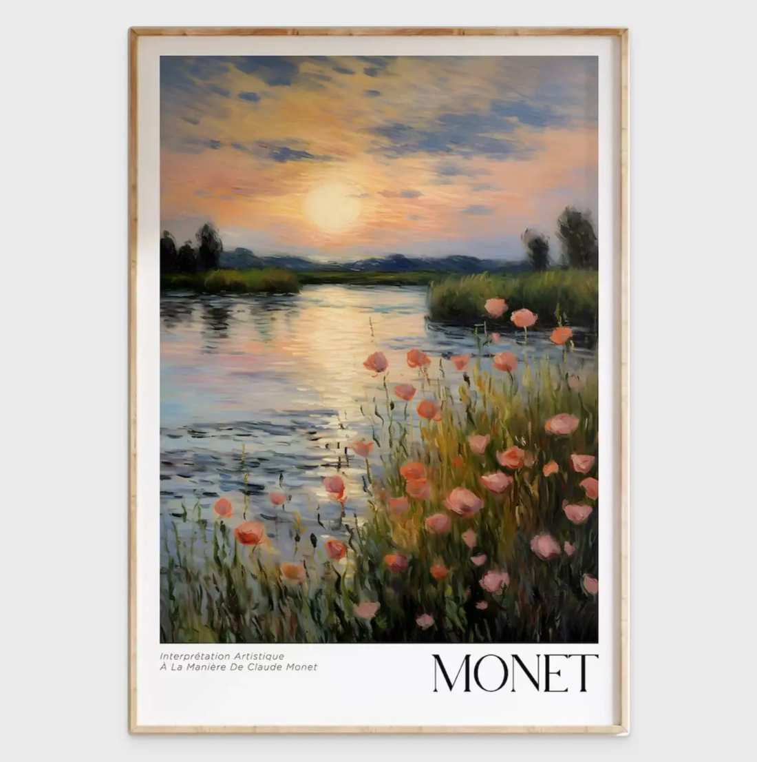 Painting of flowers by a pond with the name Monet in large letters below it