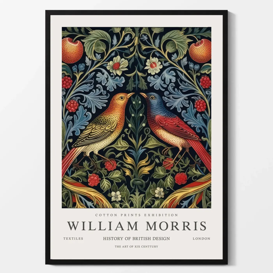 Illustration of two birds facing one another surrounded by floral patterns and fruits