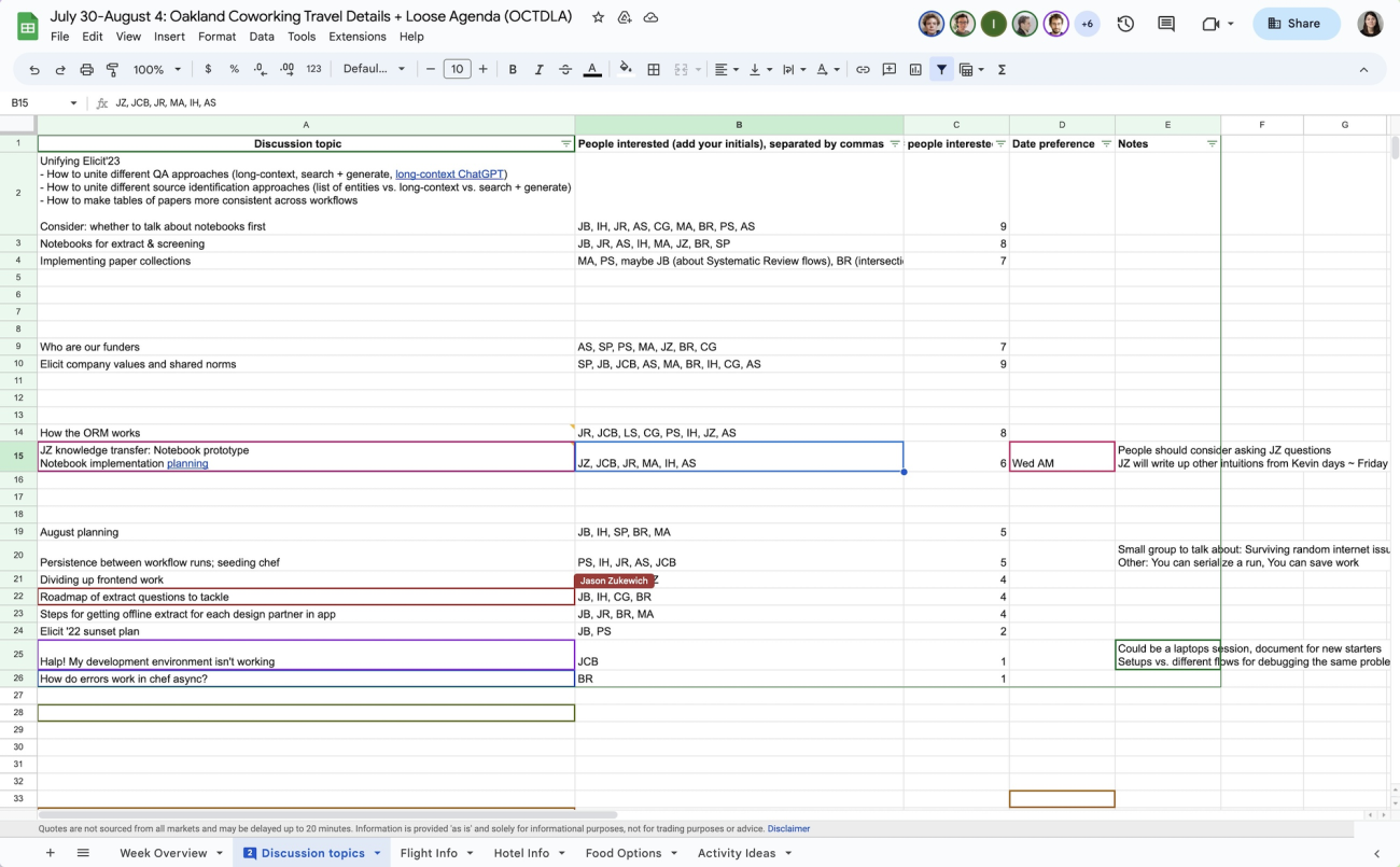 Multiplayer cursors in Google Sheets showing which cells users have selected