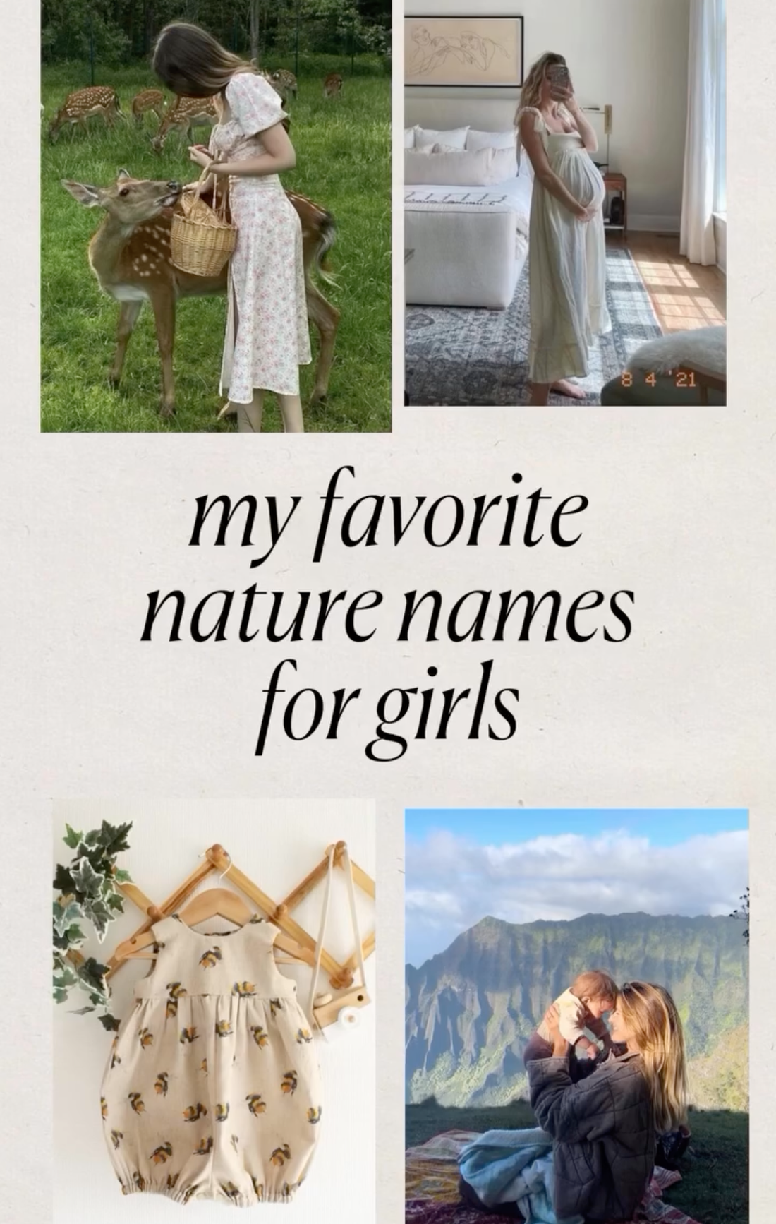 Images of women and babies in nature with the text 'my favourite nature names for girls'