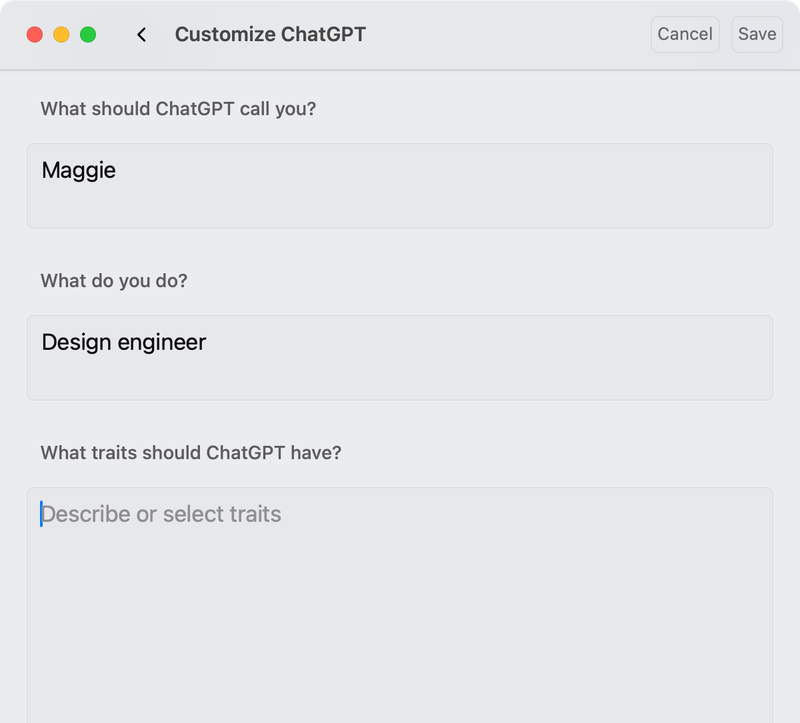 OpenAI settings to add custom traits to the model
