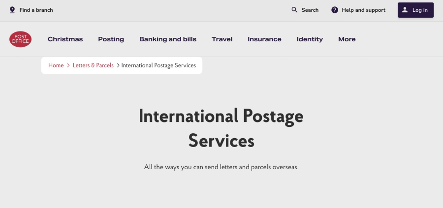 Breadcrumbs on the UK Post Office website