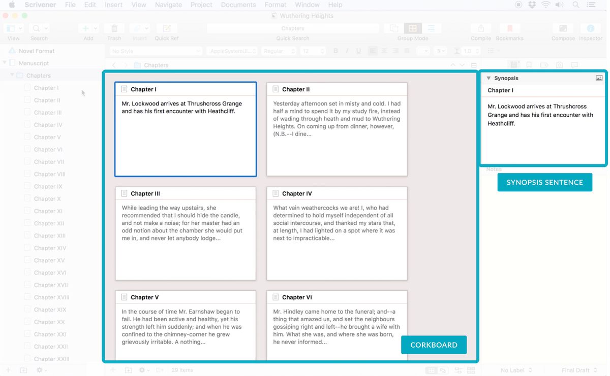 Highlighting the synopsis and corkboard sections of Scrivener's interface