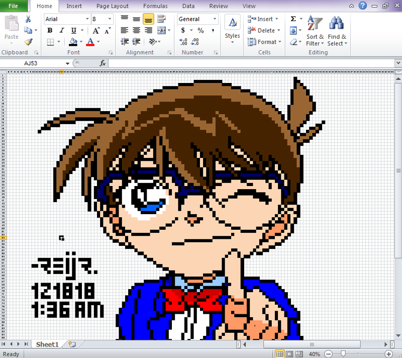 The manga character Conan Edogawa created in Microsoft Excel