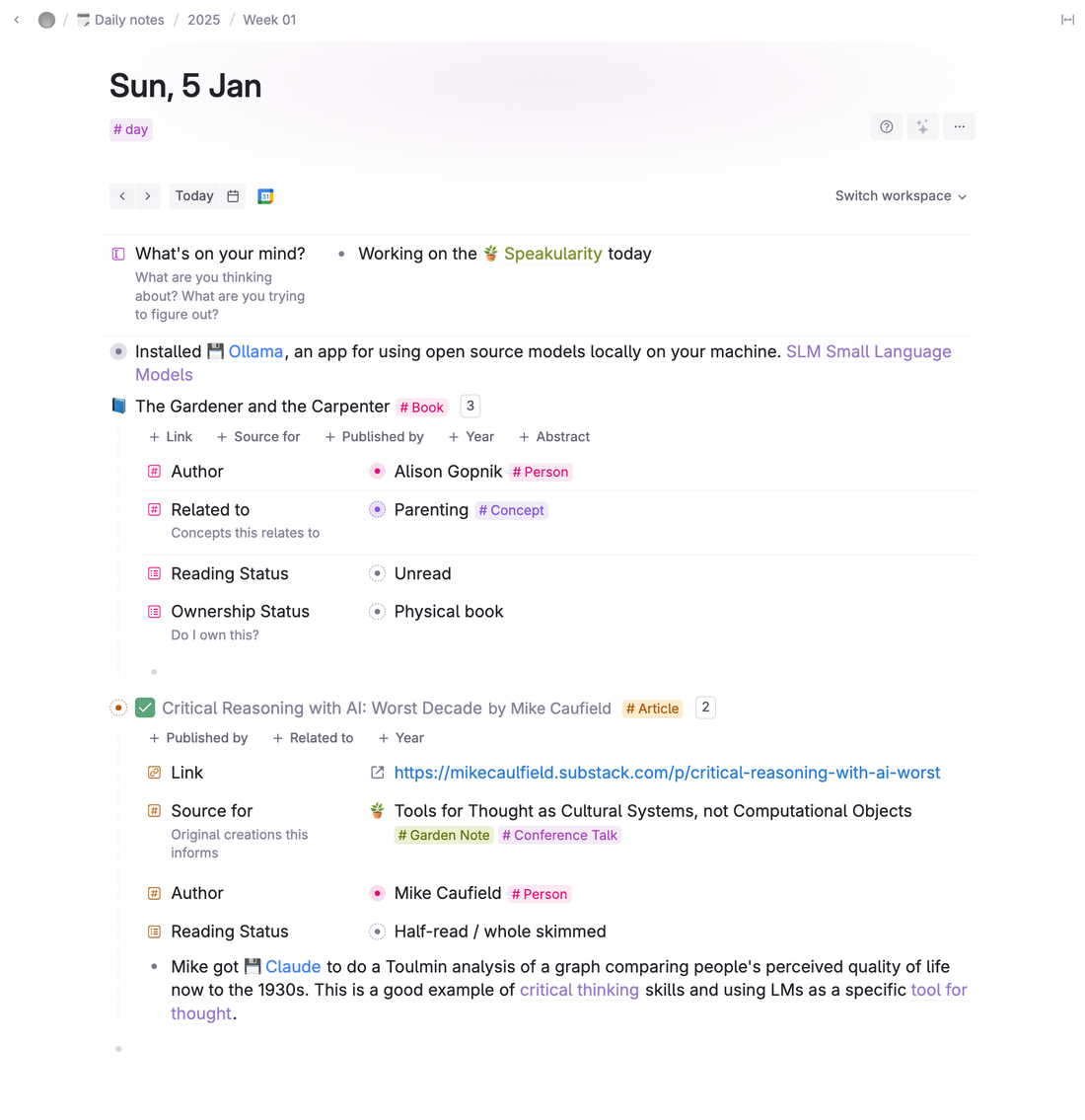 An example daily notes page in Tana with typed nodes